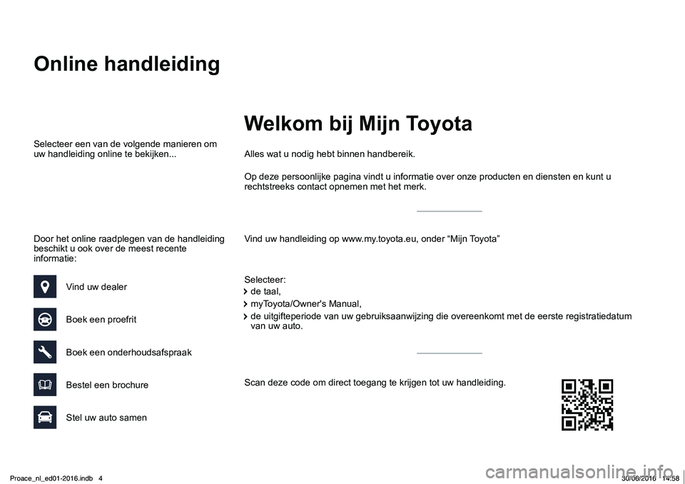 TOYOTA PROACE 2019 Instructieboekje (in Dutch) Online handleiding
Vind uw handleiding op www.my.toyota.eu, onder “Mijn Toyota”
Alles wat u nodig hebt binnen handbereik.
Selecteer:
Selecteer een van de volgende manieren om uw handleiding online TOYOTA PROACE 2019 Instructieboekje (in Dutch) Online handleiding
Vind uw handleiding op www.my.toyota.eu, onder “Mijn Toyota”
Alles wat u nodig hebt binnen handbereik.
Selecteer:
Selecteer een van de volgende manieren om uw handleiding online
