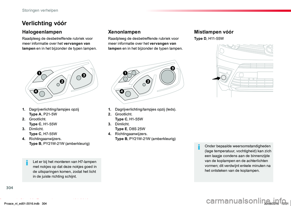 TOYOTA PROACE 2019  Instructieboekje (in Dutch) 304
Proace_nl_Chap08_En-cas-de-panne_ed01-2016
Verlichting vóór
Xenonlampen
Raadpleeg de desbetreffende rubriek voor meer informatie over het vervangen van lampen en in het bijzonder de typen lampen