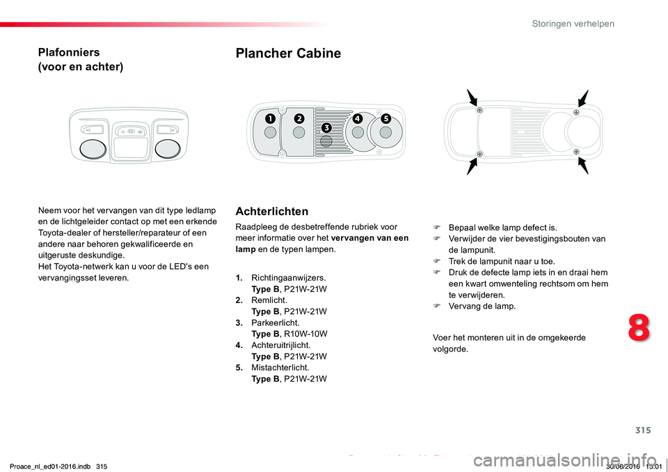 TOYOTA PROACE 2019  Instructieboekje (in Dutch) 315
Proace_nl_Chap08_En-cas-de-panne_ed01-2016
Plafonniers
(voor en achter)
Neem voor het vervangen van dit type ledlamp en de lichtgeleider contact op met een erkende Toyota-dealer of hersteller/repa