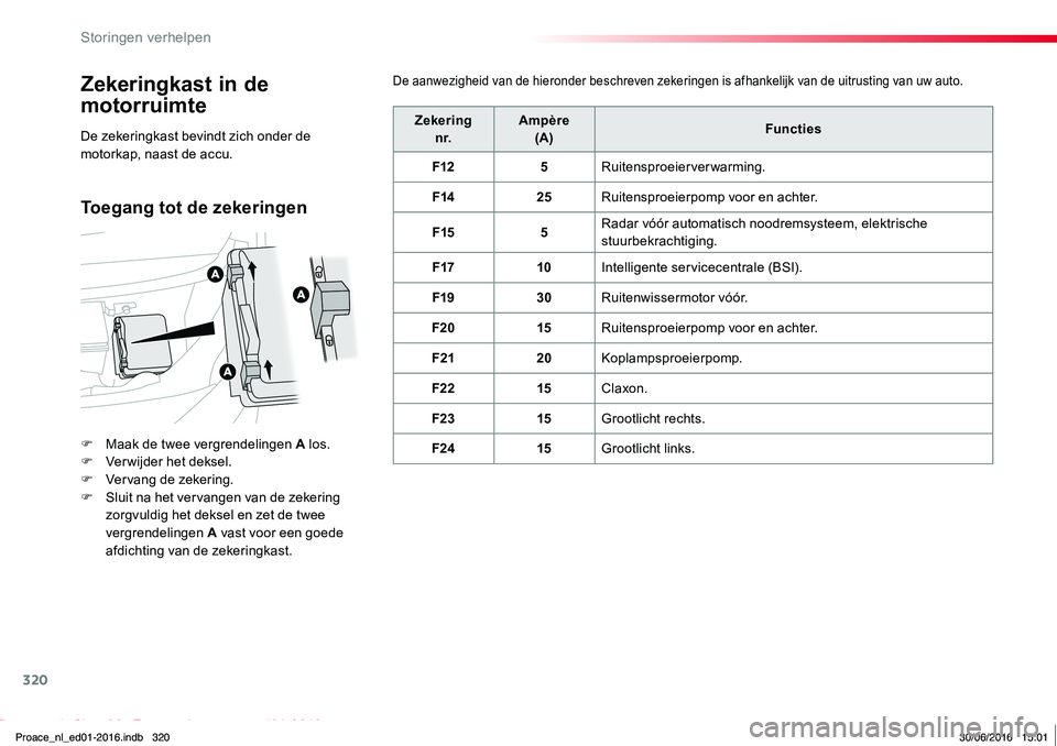 TOYOTA PROACE 2019  Instructieboekje (in Dutch) 320
Proace_nl_Chap08_En-cas-de-panne_ed01-2016
Zekeringkast in de 
motorruimte
F Maak de twee vergrendelingen A los.F Verwijder het deksel.F Vervang de zekering.F Sluit na het vervangen van de zekerin