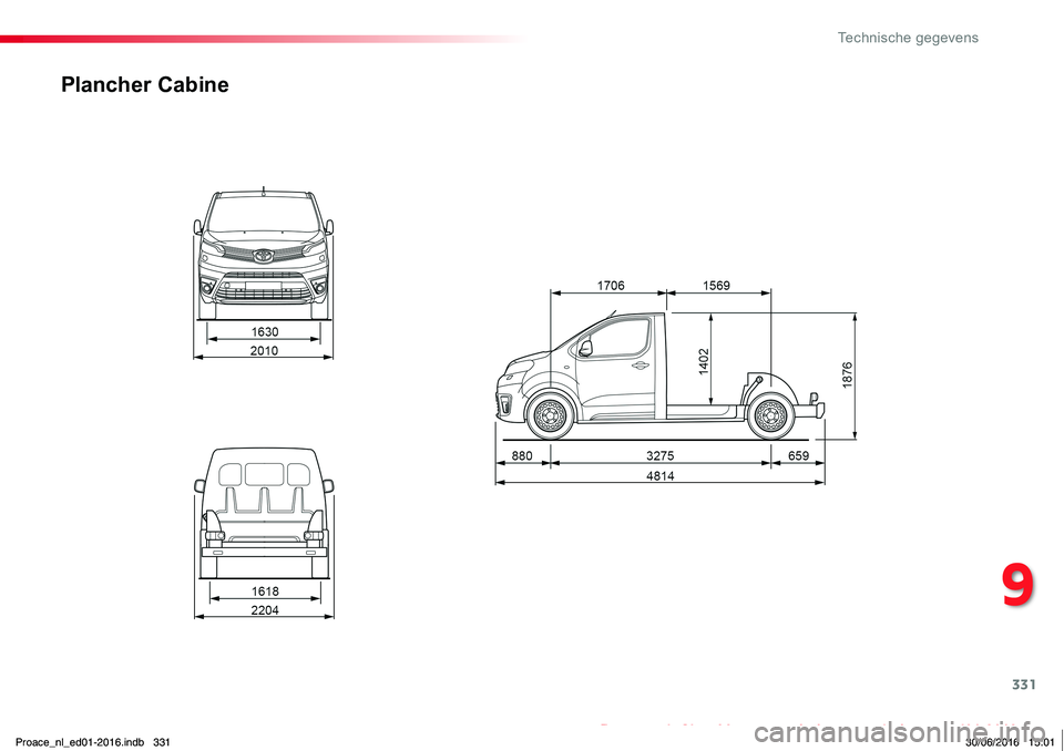 TOYOTA PROACE 2019  Instructieboekje (in Dutch) 331
Proace_nl_Chap09_caracteristiques-techniques_ed01-2016
Plancher Cabine
Proace_nl_ed01-2016.indb   33130/06/2016   15:01
9 
Technische gegevens  