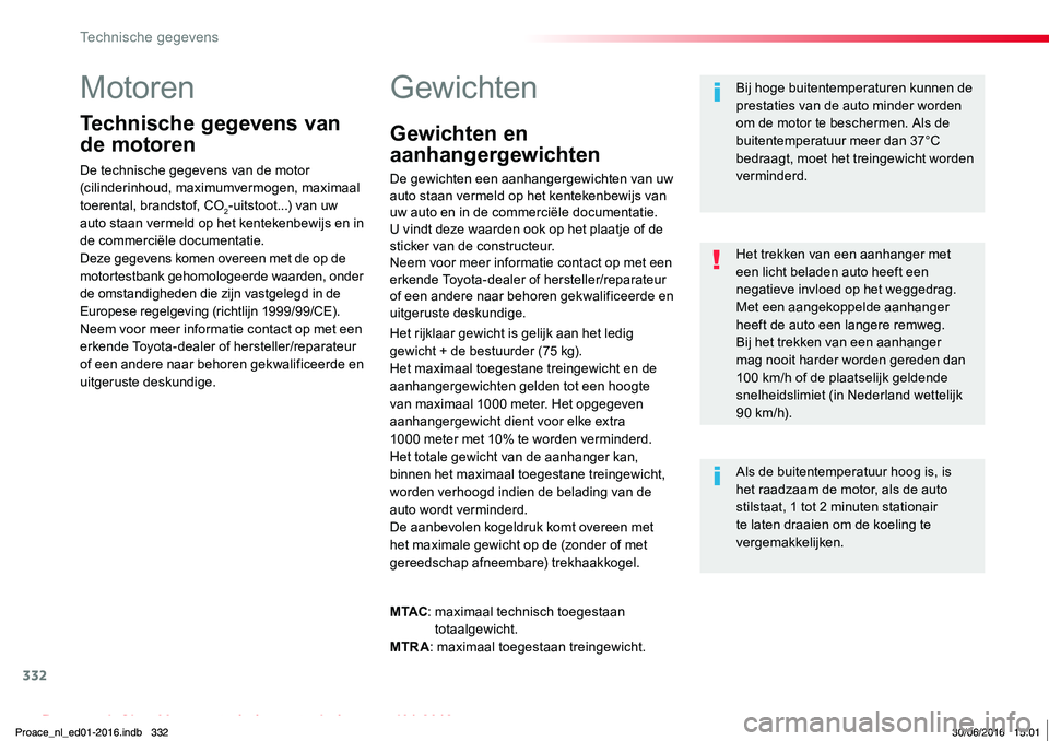 TOYOTA PROACE 2019  Instructieboekje (in Dutch) 332
Proace_nl_Chap09_caracteristiques-techniques_ed01-2016
Motoren
Technische gegevens van 
de motoren
De technische gegevens van de motor (cilinderinhoud, maximumvermogen, maximaal toerental, brandst