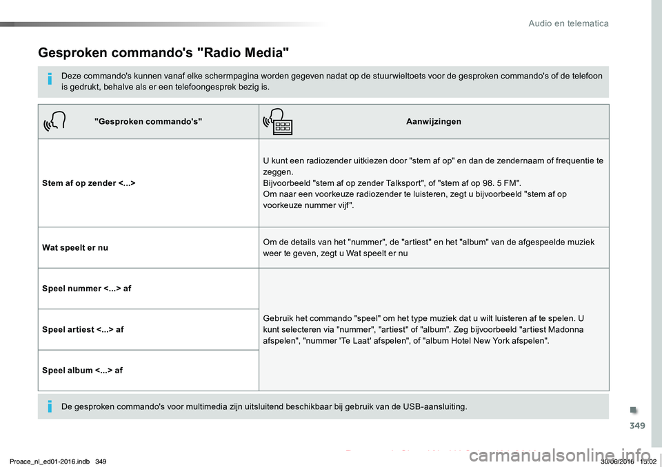 TOYOTA PROACE 2019  Instructieboekje (in Dutch) 349
Proace_nl_Chap10b_NAC-1_ed01-2016
Gesproken commando's "Radio Media"
Deze commando's kunnen vanaf elke schermpagina worden gegeven nadat op de stuur wieltoets voor de gesproken com