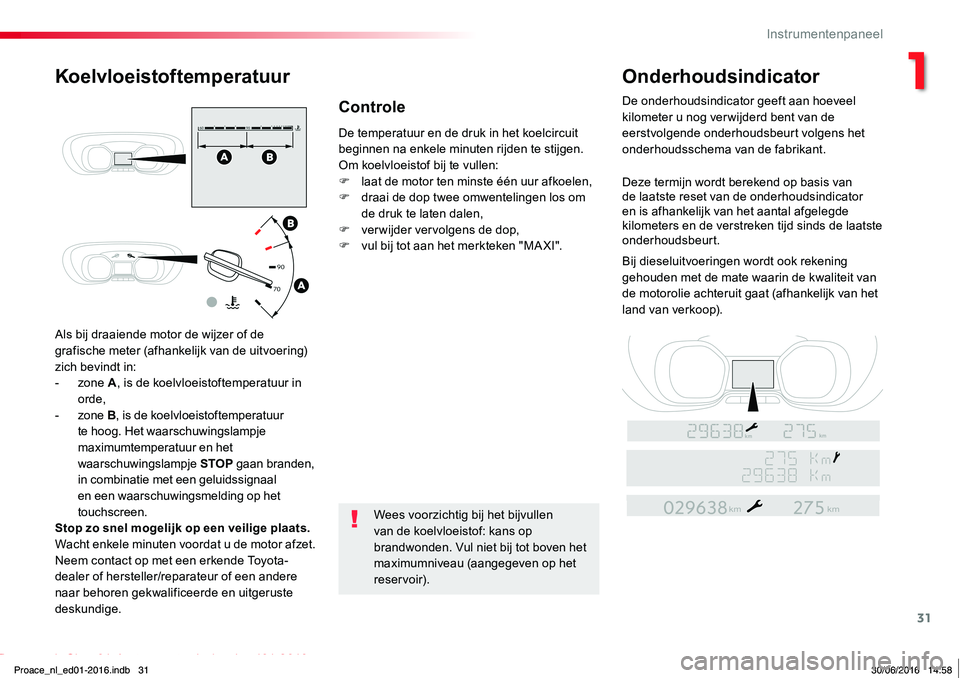 TOYOTA PROACE 2019 Instructieboekje (in Dutch) 31
Proace_nl_Chap01_instruments-de-bord_ed01-2016
Als bij draaiende motor de wijzer of de grafische meter (afhankelijk van de uitvoering) zich bevindt in:- zone A, is de koelvloeistoftemperatuur in or TOYOTA PROACE 2019 Instructieboekje (in Dutch) 31
Proace_nl_Chap01_instruments-de-bord_ed01-2016
Als bij draaiende motor de wijzer of de grafische meter (afhankelijk van de uitvoering) zich bevindt in:- zone A, is de koelvloeistoftemperatuur in or
