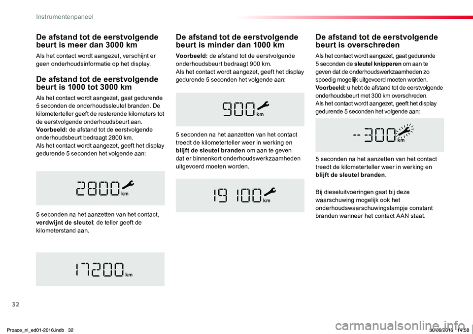 TOYOTA PROACE 2019 Instructieboekje (in Dutch) 32
Proace_nl_Chap01_instruments-de-bord_ed01-2016
De afstand tot de eerstvolgende beurt is 1000 tot 3000 km
Als het contact wordt aangezet, gaat gedurende 5 seconden de onderhoudssleutel branden. De k TOYOTA PROACE 2019 Instructieboekje (in Dutch) 32
Proace_nl_Chap01_instruments-de-bord_ed01-2016
De afstand tot de eerstvolgende beurt is 1000 tot 3000 km
Als het contact wordt aangezet, gaat gedurende 5 seconden de onderhoudssleutel branden. De k