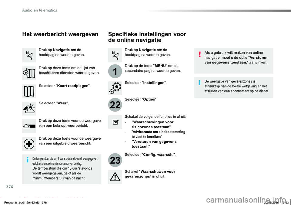 TOYOTA PROACE 2019 Instructieboekje (in Dutch) 376
22
23
1
Proace_nl_Chap10b_NAC-1_ed01-2016
Specifieke instellingen voor
de online navigatie
Als u gebruik wilt maken van online navigatie, moet u de optie "Versturen van gegevens toestaan." TOYOTA PROACE 2019 Instructieboekje (in Dutch) 376
22
23
1
Proace_nl_Chap10b_NAC-1_ed01-2016
Specifieke instellingen voor
de online navigatie
Als u gebruik wilt maken van online navigatie, moet u de optie "Versturen van gegevens toestaan."