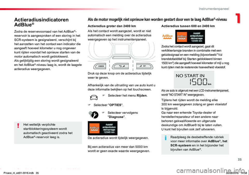 TOYOTA PROACE 2019  Instructieboekje (in Dutch) 35
Proace_nl_Chap01_instruments-de-bord_ed01-2016
Actieradiusindicatoren 
AdBlue®
Zodra de reservevoorraad van het AdBlue®-reservoir is aangesproken of een storing in het SCR-systeem is gesignaleerd