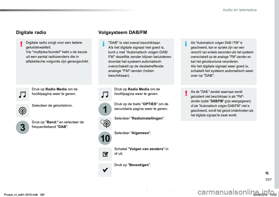 TOYOTA PROACE 2019 Instructieboekje (in Dutch) 397
1
10
3
Proace_nl_Chap10b_NAC-1_ed01-2016
Selecteer de geluidsbron.
Druk op Radio Media om de hoofdpagina weer te geven.
Druk op "Band:" en selecteer de frequentieband "DAB".
Druk o TOYOTA PROACE 2019 Instructieboekje (in Dutch) 397
1
10
3
Proace_nl_Chap10b_NAC-1_ed01-2016
Selecteer de geluidsbron.
Druk op Radio Media om de hoofdpagina weer te geven.
Druk op "Band:" en selecteer de frequentieband "DAB".
Druk o