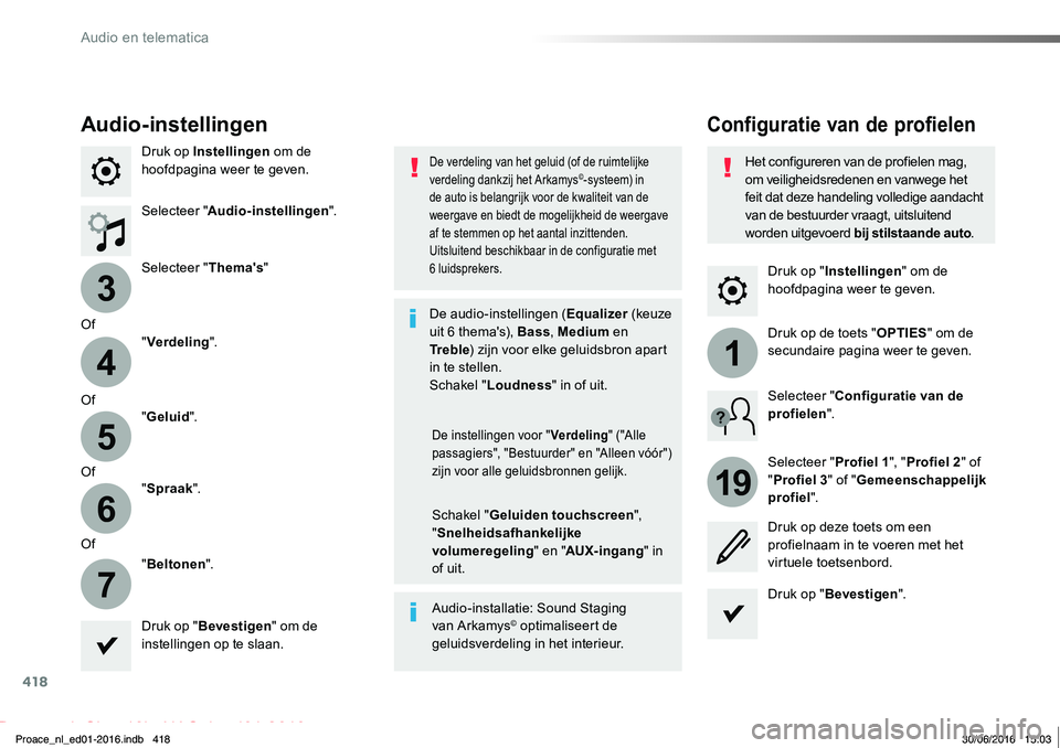TOYOTA PROACE 2019 Instructieboekje (in Dutch) 418
3
4
5
6
7
1
19
Proace_nl_Chap10b_NAC-1_ed01-2016
Druk op "Instellingen" om de hoofdpagina weer te geven.
Configuratie van de profielenAudio-instellingen
Druk op Instellingen om de hoofdpag TOYOTA PROACE 2019 Instructieboekje (in Dutch) 418
3
4
5
6
7
1
19
Proace_nl_Chap10b_NAC-1_ed01-2016
Druk op "Instellingen" om de hoofdpagina weer te geven.
Configuratie van de profielenAudio-instellingen
Druk op Instellingen om de hoofdpag
