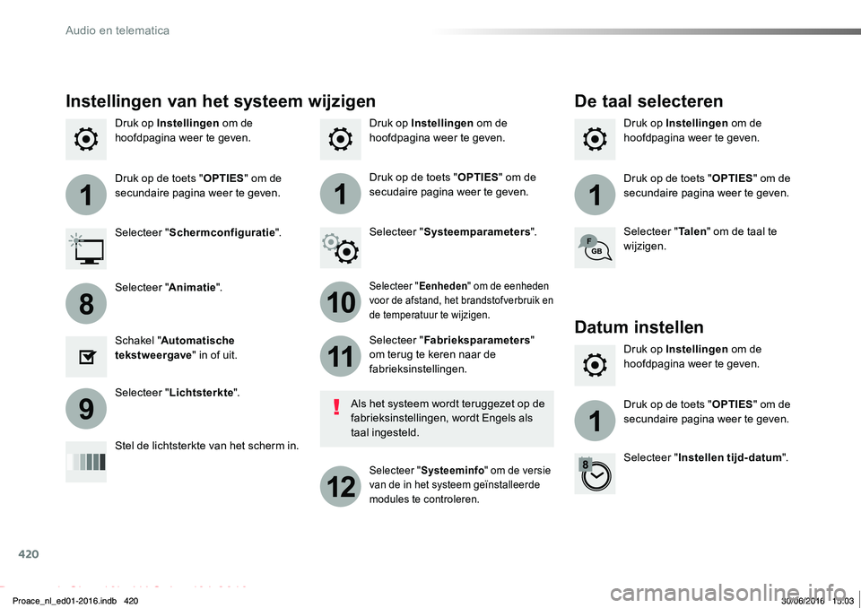 TOYOTA PROACE 2019 Instructieboekje (in Dutch) 420
111
10
11
12
8
91
Proace_nl_Chap10b_NAC-1_ed01-2016
Druk op Instellingen om de hoofdpagina weer te geven.Druk op Instellingen om de hoofdpagina weer te geven.Druk op Instellingen om de hoofdpagina TOYOTA PROACE 2019 Instructieboekje (in Dutch) 420
111
10
11
12
8
91
Proace_nl_Chap10b_NAC-1_ed01-2016
Druk op Instellingen om de hoofdpagina weer te geven.Druk op Instellingen om de hoofdpagina weer te geven.Druk op Instellingen om de hoofdpagina