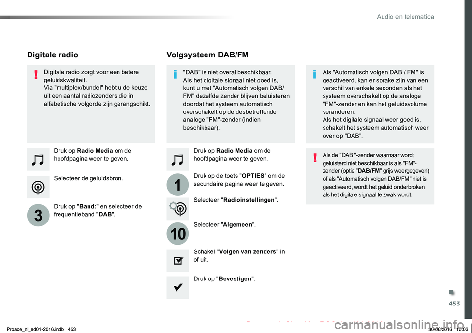 TOYOTA PROACE 2019 Instructieboekje (in Dutch) 453
1
10
3
Proace_nl_Chap10c_RCC-1_ed01-2016
Selecteer de geluidsbron.
Druk op Radio Media om de hoofdpagina weer te geven.
Druk op "Band:" en selecteer de frequentieband "DAB".
Druk o TOYOTA PROACE 2019 Instructieboekje (in Dutch) 453
1
10
3
Proace_nl_Chap10c_RCC-1_ed01-2016
Selecteer de geluidsbron.
Druk op Radio Media om de hoofdpagina weer te geven.
Druk op "Band:" en selecteer de frequentieband "DAB".
Druk o
