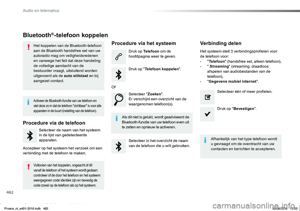 TOYOTA PROACE 2019 Instructieboekje (in Dutch) 462
Proace_nl_Chap10c_RCC-1_ed01-2016
Bluetooth®-telefoon koppelen
Het koppelen van de Bluetooth-telefoon aan de Bluetooth handsfree set van uw autoradio mag om veiligheidsredenen en vanwege het feit TOYOTA PROACE 2019 Instructieboekje (in Dutch) 462
Proace_nl_Chap10c_RCC-1_ed01-2016
Bluetooth®-telefoon koppelen
Het koppelen van de Bluetooth-telefoon aan de Bluetooth handsfree set van uw autoradio mag om veiligheidsredenen en vanwege het feit