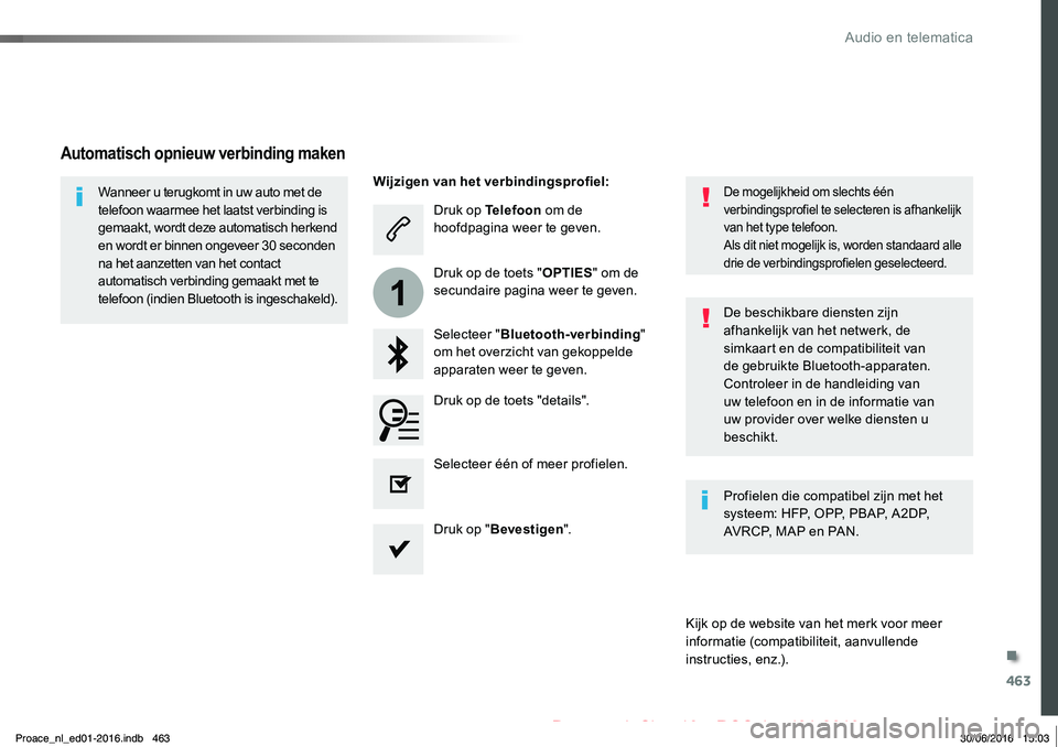TOYOTA PROACE 2019 Instructieboekje (in Dutch) 463
1
Proace_nl_Chap10c_RCC-1_ed01-2016
Druk op Telefoon om de hoofdpagina weer te geven.
Selecteer "Bluetooth-verbinding" om het overzicht van gekoppelde apparaten weer te geven.
Wanneer u te TOYOTA PROACE 2019 Instructieboekje (in Dutch) 463
1
Proace_nl_Chap10c_RCC-1_ed01-2016
Druk op Telefoon om de hoofdpagina weer te geven.
Selecteer "Bluetooth-verbinding" om het overzicht van gekoppelde apparaten weer te geven.
Wanneer u te