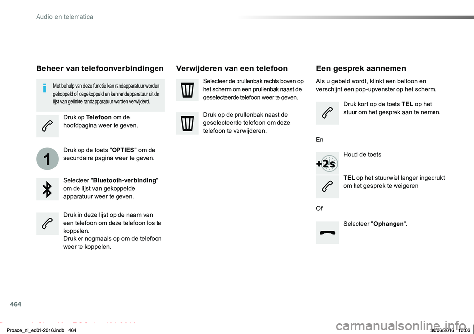 TOYOTA PROACE 2019 Instructieboekje (in Dutch) 464
1
Proace_nl_Chap10c_RCC-1_ed01-2016
Een gesprek aannemen
Als u gebeld wordt, klinkt een beltoon en verschijnt een pop-upvenster op het scherm.
Druk kort op de toets TEL op het stuur om het gesprek TOYOTA PROACE 2019 Instructieboekje (in Dutch) 464
1
Proace_nl_Chap10c_RCC-1_ed01-2016
Een gesprek aannemen
Als u gebeld wordt, klinkt een beltoon en verschijnt een pop-upvenster op het scherm.
Druk kort op de toets TEL op het stuur om het gesprek