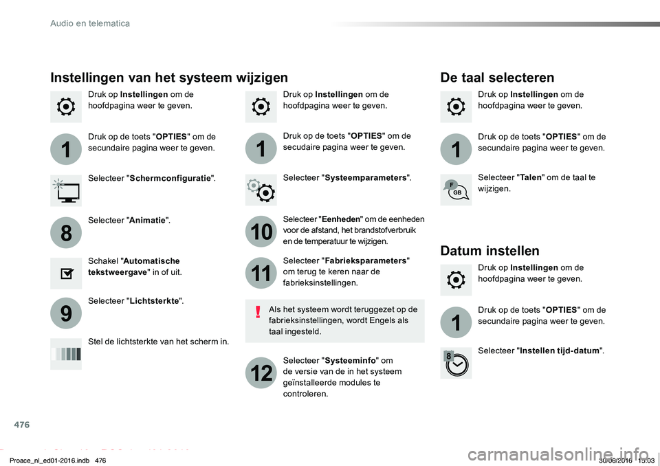 TOYOTA PROACE 2019 Instructieboekje (in Dutch) 476
111
10
11
12
8
91
Proace_nl_Chap10c_RCC-1_ed01-2016
Druk op Instellingen om de hoofdpagina weer te geven.Druk op Instellingen om de hoofdpagina weer te geven.Druk op Instellingen om de hoofdpagina TOYOTA PROACE 2019 Instructieboekje (in Dutch) 476
111
10
11
12
8
91
Proace_nl_Chap10c_RCC-1_ed01-2016
Druk op Instellingen om de hoofdpagina weer te geven.Druk op Instellingen om de hoofdpagina weer te geven.Druk op Instellingen om de hoofdpagina