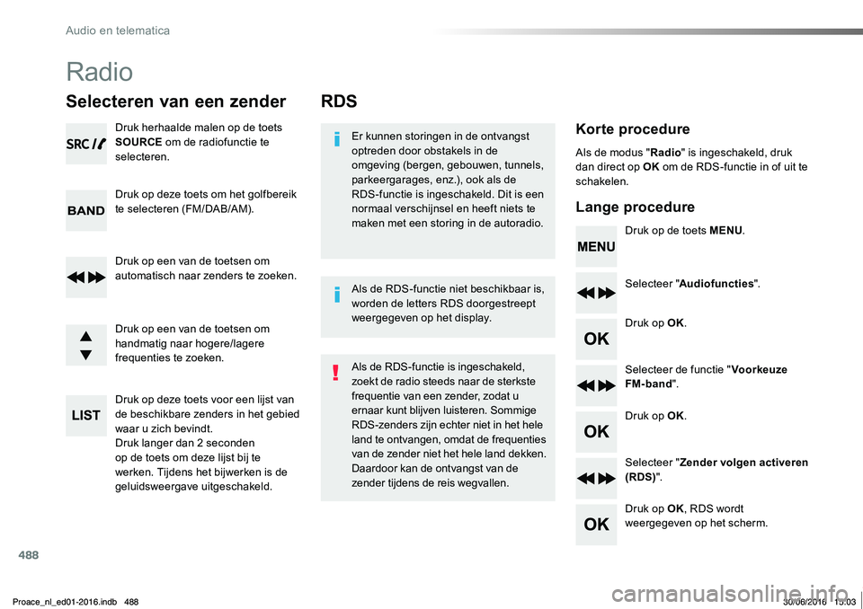TOYOTA PROACE 2019 Instructieboekje (in Dutch) 488
Proace_nl_Chap10d_RD6_ed01-2016
RDS
Korte procedure
Lange procedure
Er kunnen storingen in de ontvangst optreden door obstakels in de omgeving (bergen, gebouwen, tunnels, parkeergarages, enz.), oo TOYOTA PROACE 2019 Instructieboekje (in Dutch) 488
Proace_nl_Chap10d_RD6_ed01-2016
RDS
Korte procedure
Lange procedure
Er kunnen storingen in de ontvangst optreden door obstakels in de omgeving (bergen, gebouwen, tunnels, parkeergarages, enz.), oo