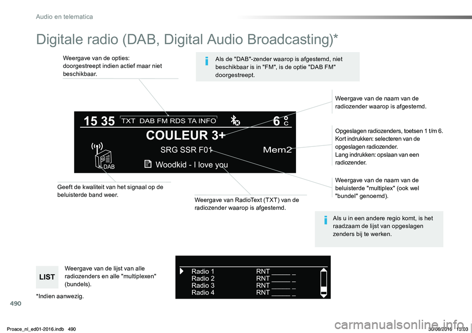 TOYOTA PROACE 2019 Instructieboekje (in Dutch) 490
Proace_nl_Chap10d_RD6_ed01-2016
Digitale radio (DAB, Digital Audio Broadcasting)*
Weergave van de opties:doorgestreept indien actief maar niet beschikbaar.
Opgeslagen radiozenders, toetsen 1 t/m 6 TOYOTA PROACE 2019 Instructieboekje (in Dutch) 490
Proace_nl_Chap10d_RD6_ed01-2016
Digitale radio (DAB, Digital Audio Broadcasting)*
Weergave van de opties:doorgestreept indien actief maar niet beschikbaar.
Opgeslagen radiozenders, toetsen 1 t/m 6