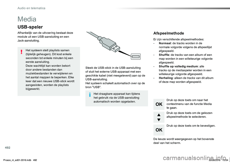 TOYOTA PROACE 2019 Instructieboekje (in Dutch) 492
Proace_nl_Chap10d_RD6_ed01-2016
Media
USB-speler
Afhankelijk van de uitvoering bestaat deze module uit een USB-aansluiting en een Jack-aansluiting.
Steek de USB-stick in de USB-aansluiting of slu TOYOTA PROACE 2019 Instructieboekje (in Dutch) 492
Proace_nl_Chap10d_RD6_ed01-2016
Media
USB-speler
Afhankelijk van de uitvoering bestaat deze module uit een USB-aansluiting en een Jack-aansluiting.
Steek de USB-stick in de USB-aansluiting of slu
