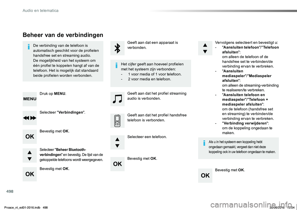 TOYOTA PROACE 2019 Instructieboekje (in Dutch) 498
Proace_nl_Chap10d_RD6_ed01-2016
Bevestig met OK.
Bevestig met OK.
Bevestig met OK.
Bevestig met OK.
De verbinding van de telefoon is automatisch geschikt voor de profielen handsfree set en streami TOYOTA PROACE 2019 Instructieboekje (in Dutch) 498
Proace_nl_Chap10d_RD6_ed01-2016
Bevestig met OK.
Bevestig met OK.
Bevestig met OK.
Bevestig met OK.
De verbinding van de telefoon is automatisch geschikt voor de profielen handsfree set en streami