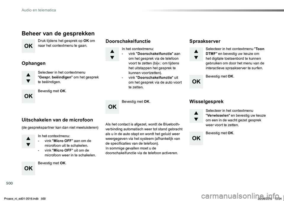 TOYOTA PROACE 2019 Instructieboekje (in Dutch) 500
Proace_nl_Chap10d_RD6_ed01-2016
Druk tijdens het gesprek op OK om naar het contextmenu te gaan.
Selecteer in het contextmenu "Gespr. beëindigen" om het gesprek te beëindigen.
Beheer van TOYOTA PROACE 2019 Instructieboekje (in Dutch) 500
Proace_nl_Chap10d_RD6_ed01-2016
Druk tijdens het gesprek op OK om naar het contextmenu te gaan.
Selecteer in het contextmenu "Gespr. beëindigen" om het gesprek te beëindigen.
Beheer van
