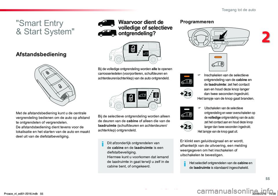 TOYOTA PROACE 2019 Instructieboekje (in Dutch) 55
Proace_nl_Chap02_ouvertures_ed01-2016
"Smart Entry
& Start System"
Met de afstandsbediening kunt u de centrale vergrendeling bedienen om de auto op afstand te ontgrendelen of vergrendelen TOYOTA PROACE 2019 Instructieboekje (in Dutch) 55
Proace_nl_Chap02_ouvertures_ed01-2016
"Smart Entry
& Start System"
Met de afstandsbediening kunt u de centrale vergrendeling bedienen om de auto op afstand te ontgrendelen of vergrendelen