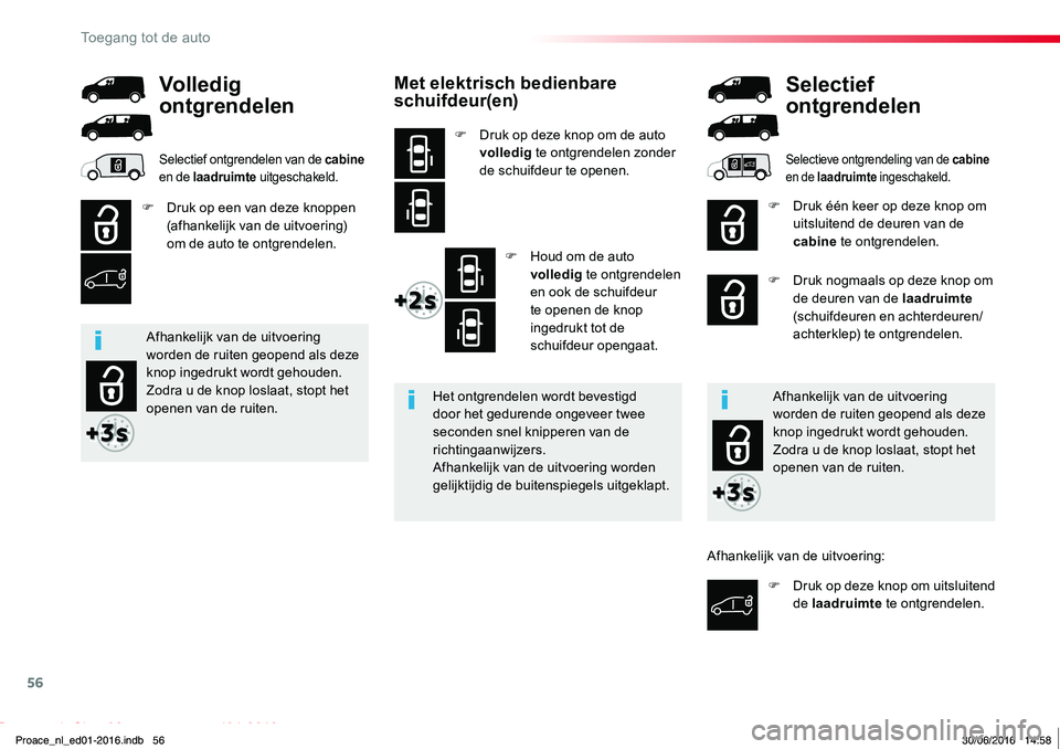 TOYOTA PROACE 2019 Instructieboekje (in Dutch) 56
Proace_nl_Chap02_ouvertures_ed01-2016
Met elektrisch bedienbare schuifdeur(en)
F Druk op deze knop om de auto volledig te ontgrendelen zonder de schuifdeur te openen.
F Houd om de auto volledig te TOYOTA PROACE 2019 Instructieboekje (in Dutch) 56
Proace_nl_Chap02_ouvertures_ed01-2016
Met elektrisch bedienbare schuifdeur(en)
F Druk op deze knop om de auto volledig te ontgrendelen zonder de schuifdeur te openen.
F Houd om de auto volledig te