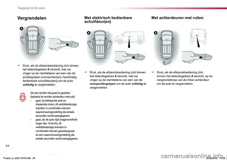 TOYOTA PROACE 2019 Instructieboekje (in Dutch) 64
Proace_nl_Chap02_ouvertures_ed01-2016
Met elektrisch bedienbare schuifdeur(en)Vergrendelen
F Druk, als de afstandsbediening zich binnen het detectiegebied A bevindt, met uw vinger op de merktekens TOYOTA PROACE 2019 Instructieboekje (in Dutch) 64
Proace_nl_Chap02_ouvertures_ed01-2016
Met elektrisch bedienbare schuifdeur(en)Vergrendelen
F Druk, als de afstandsbediening zich binnen het detectiegebied A bevindt, met uw vinger op de merktekens