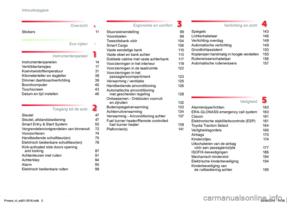TOYOTA PROACE 2019 Instructieboekje (in Dutch) .
.
4
Proace_nl_Chap00a_sommaire_ed01-2016
Overzicht
Instrumentenpanelen 14Verklikkerlampjes 17Koelvloeistoftemperatuur 31Kilometerteller en dagteller 38Dimmer dashboardverlichting 39Boordcomputer TOYOTA PROACE 2019 Instructieboekje (in Dutch) .
.
4
Proace_nl_Chap00a_sommaire_ed01-2016
Overzicht
Instrumentenpanelen 14Verklikkerlampjes 17Koelvloeistoftemperatuur 31Kilometerteller en dagteller 38Dimmer dashboardverlichting 39Boordcomputer