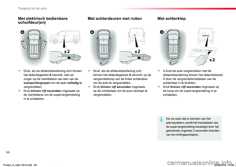 TOYOTA PROACE 2019  Instructieboekje (in Dutch) 66
Proace_nl_Chap02_ouvertures_ed01-2016
F Druk, als de afstandsbediening zich binnen het detectiegebied A bevindt, met uw vinger op de merktekens van een van de voorportiergrepen om de auto volledig 