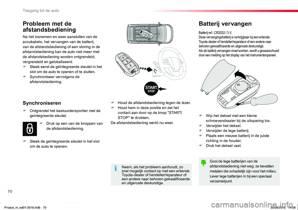 TOYOTA PROACE 2019  Instructieboekje (in Dutch) 70
Proace_nl_Chap02_ouvertures_ed01-2016
Batterij vervangen
Batterij ref.: CR2032 / 3 V.Deze vervangingsbatterij is verkrijgbaar bij een erkende Toyota-dealer of hersteller/reparateur of een andere na