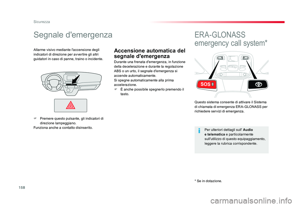 TOYOTA PROACE 2019  Manuale duso (in Italian) 158
Sicurezza
Spacetourer-VP_it_Chap05_securite_ed01-2016
Accensione automatica del 
segnale d'emergenza
Segnale d'emergenza
Durante una frenata d'emergenza, in funzione 
della decelerazio