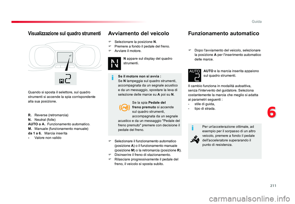 TOYOTA PROACE 2019 Manuale duso (in Italian) 211
6
Guida
Spacetourer-VP_it_Chap06_conduite_ed01-2016
Funzionamento automatico
F Dopo l'avviamento del veicolo, selezionare la posizione A per l'inserimento automatico
delle marce.
Il camb TOYOTA PROACE 2019 Manuale duso (in Italian) 211
6
Guida
Spacetourer-VP_it_Chap06_conduite_ed01-2016
Funzionamento automatico
F Dopo l'avviamento del veicolo, selezionare la posizione A per l'inserimento automatico
delle marce.
Il camb