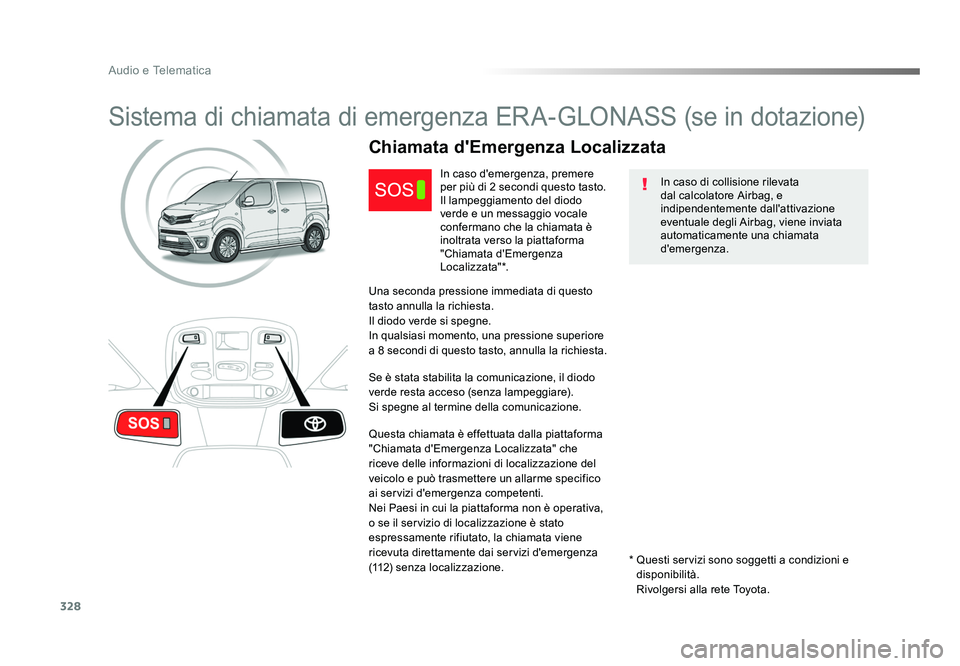 TOYOTA PROACE 2019  Manuale duso (in Italian) 328
Audio e Telematica
Spacetourer-VP_it_Chap10a_BTA_ed01-2016
Sistema di chiamata di emergenza ERA-GLONASS (se in dotazione)
In caso di collisione rilevata 
dal calcolatore Airbag, e 
indipendentemen