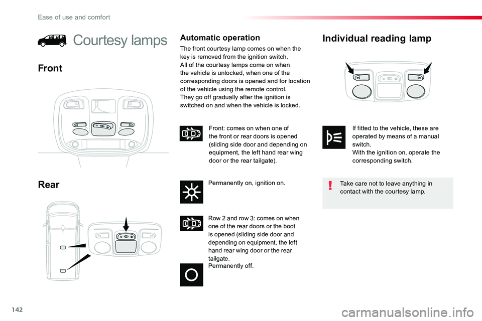 TOYOTA PROACE 2019  Owners Manual (in English) 142
Individual reading lamp
Rear
Courtesy lampsAutomatic operation
The front courtesy lamp comes on when the key is removed from the ignition switch.All of the courtesy lamps come on when the vehicle 