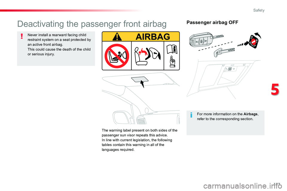 TOYOTA PROACE 2019  Owners Manual (in English) 177
Passenger airbag OFF
For more information on the Airbags, refer to the corresponding section.
Deactivating the passenger front airbag
Never install a rear ward facing child restraint system on a s