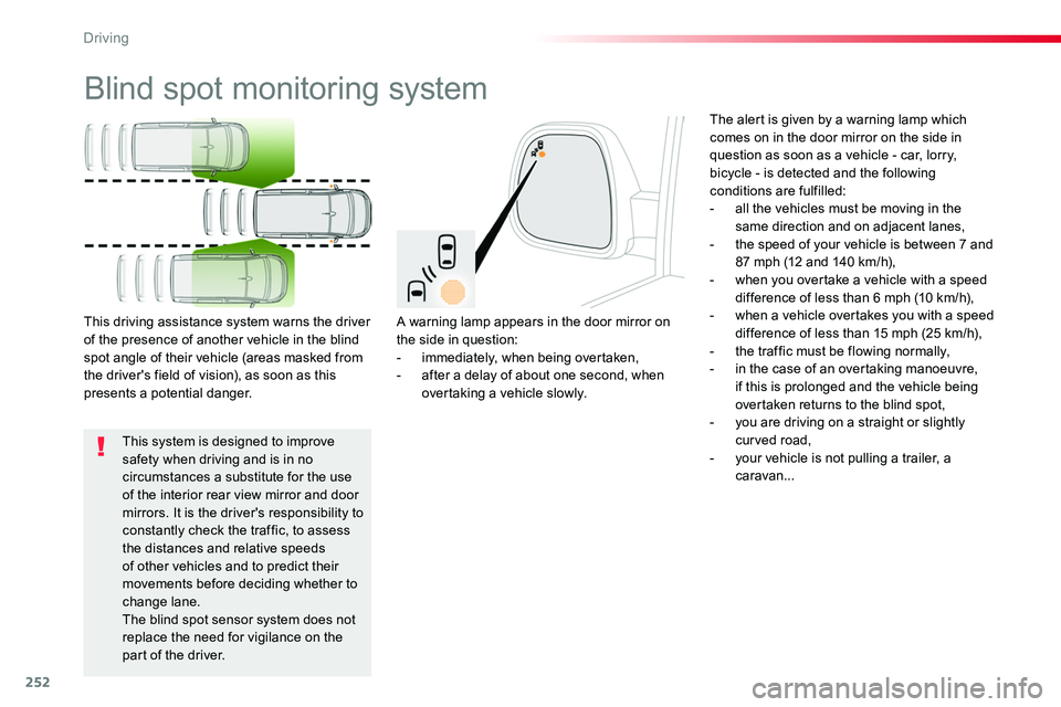 TOYOTA PROACE 2019  Owners Manual (in English) 252
Blind spot monitoring system
A warning lamp appears in the door mirror on the side in question:- immediately, when being overtaken,- after a delay of about one second, when overtaking a vehicle sl
