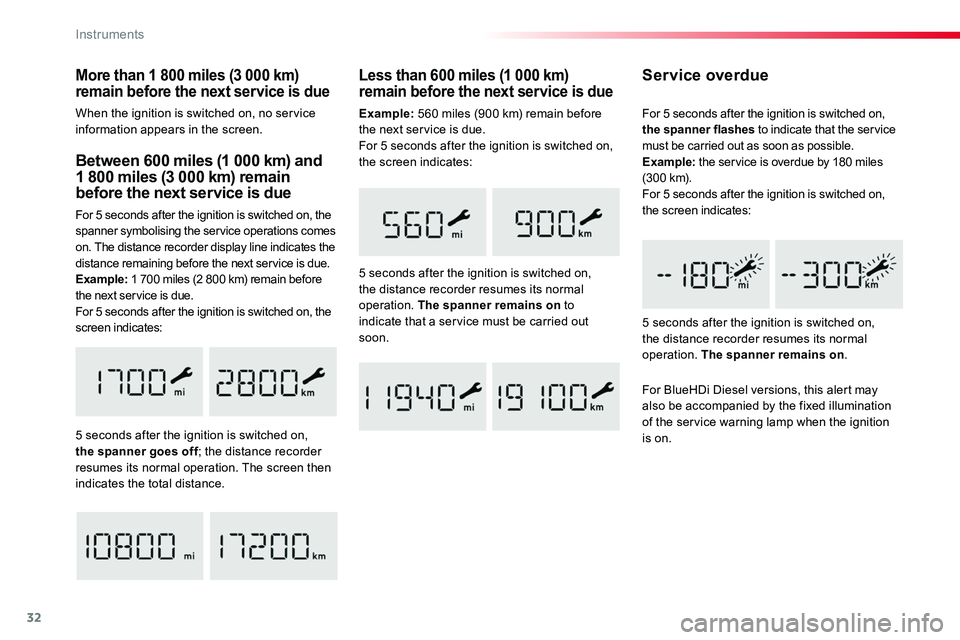 TOYOTA PROACE 2019 (in English) Owners Guide 32
Between 600 miles (1 000 km) and 1 800 miles (3 000 km) remain before the next service is due
For 5 seconds after the ignition is switched on, the spanner symbolising the service operations comes TOYOTA PROACE 2019 (in English) Owners Guide 32
Between 600 miles (1 000 km) and 1 800 miles (3 000 km) remain before the next service is due
For 5 seconds after the ignition is switched on, the spanner symbolising the service operations comes
