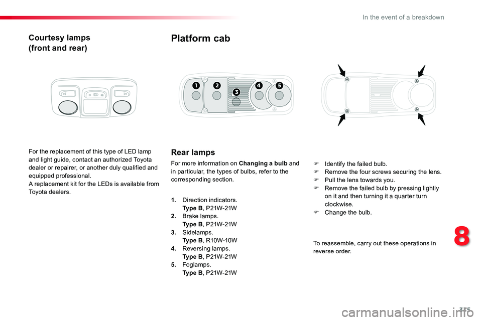 TOYOTA PROACE 2019  Owners Manual (in English) 315
Courtesy lamps
(front and rear)
For the replacement of this type of LED lamp and light guide, contact an authorized Toyota dealer or repairer, or another duly qualified and equipped professional.A