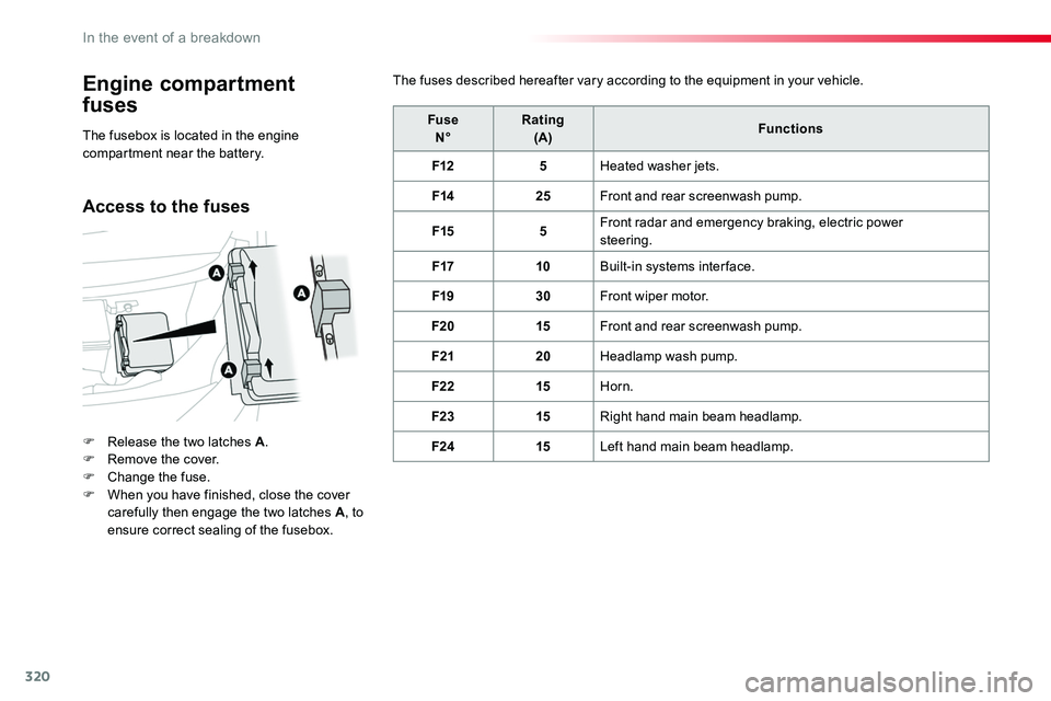 TOYOTA PROACE 2019  Owners Manual (in English) 320
Engine compartment  
fuses
F Release the two latches A.F Remove the cover.F Change the fuse.F When you have finished, close the cover carefully then engage the two latches A, to ensure correct sea