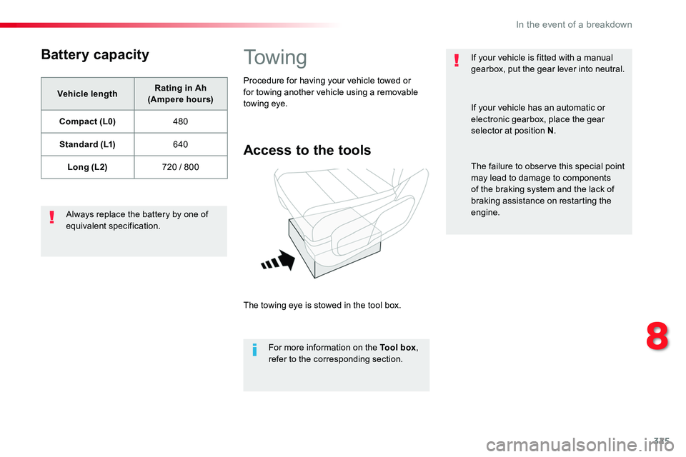 TOYOTA PROACE 2019  Owners Manual (in English) 325
Battery capacity
Vehicle lengthRating in Ah (Ampere hours)
Compact (L0)480
Standard (L1)640
Long (L2)720 / 800
Always replace the battery by one of equivalent specification.
To w i n g
Access to t