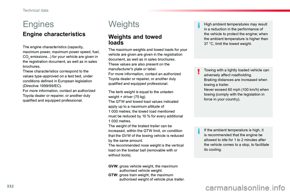 TOYOTA PROACE 2019 Owners Manual (in English) 332
Engines
Engine characteristics
The engine characteristics (capacity, maximum power, maximum power speed, fuel, CO2 emissions...) for your vehicle are given in the registration document, as well as TOYOTA PROACE 2019 Owners Manual (in English) 332
Engines
Engine characteristics
The engine characteristics (capacity, maximum power, maximum power speed, fuel, CO2 emissions...) for your vehicle are given in the registration document, as well as