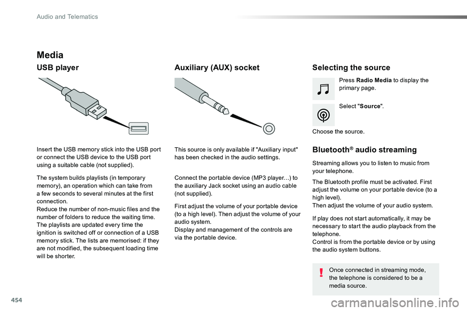 TOYOTA PROACE 2019 Owners Manual (in English) 454
Media
USB playerSelecting the source
Select "Source".
Press Radio Media to display the primary page.
The system builds playlists (in temporary memory), an operation which can take from a f TOYOTA PROACE 2019 Owners Manual (in English) 454
Media
USB playerSelecting the source
Select "Source".
Press Radio Media to display the primary page.
The system builds playlists (in temporary memory), an operation which can take from a f