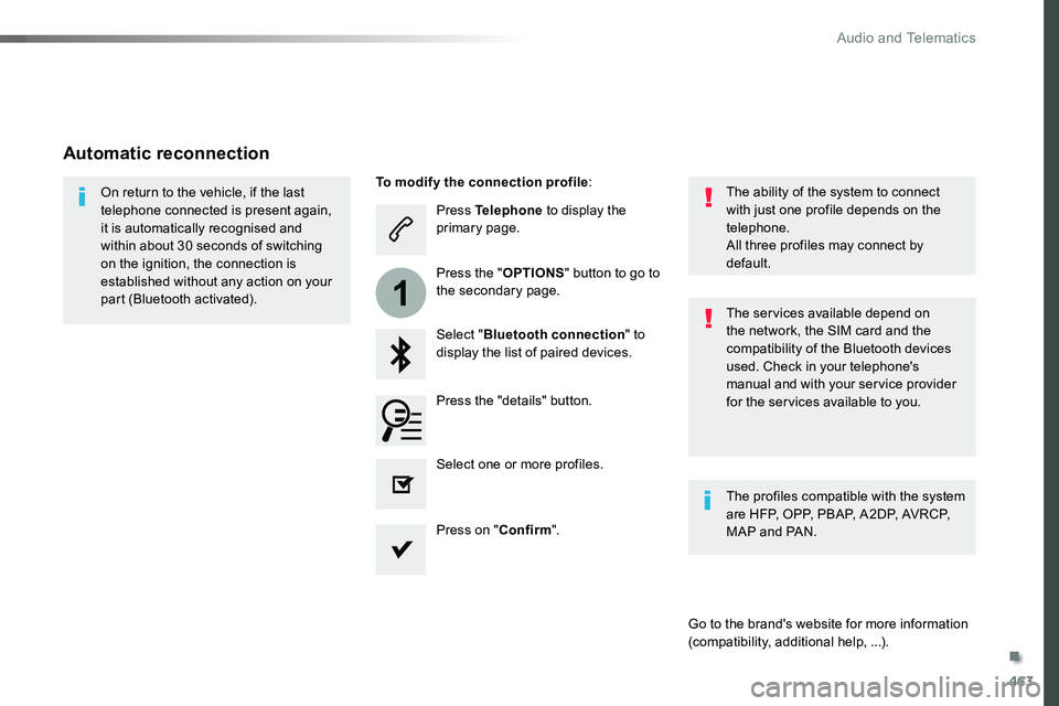 TOYOTA PROACE 2019 Owners Manual (in English) 463
1
Press Telephone to display the primary page.
Select "Bluetooth connection" to display the list of paired devices.
On return to the vehicle, if the last telephone connected is present aga TOYOTA PROACE 2019 Owners Manual (in English) 463
1
Press Telephone to display the primary page.
Select "Bluetooth connection" to display the list of paired devices.
On return to the vehicle, if the last telephone connected is present aga