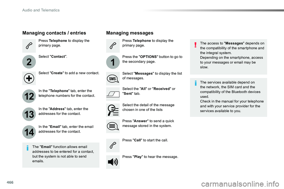 TOYOTA PROACE 2019 Owners Manual (in English) 466
2
12
13
14
1
The access to "Messages" depends on the compatibility of the smartphone and the integral system.Depending on the smartphone, access to your messages or email may be
slow.
Man TOYOTA PROACE 2019 Owners Manual (in English) 466
2
12
13
14
1
The access to "Messages" depends on the compatibility of the smartphone and the integral system.Depending on the smartphone, access to your messages or email may be
slow.
Man