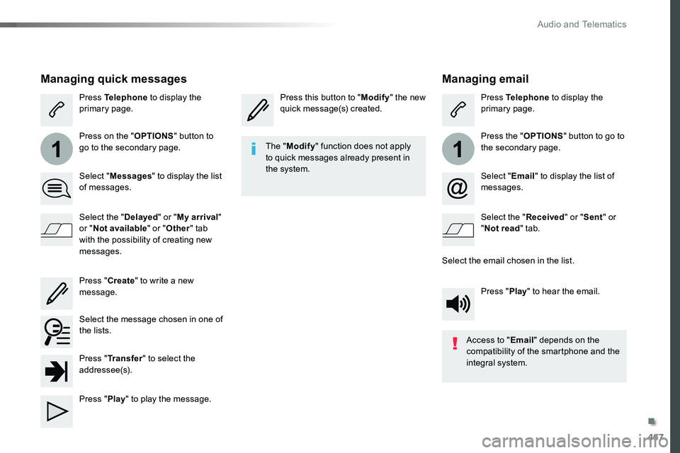 TOYOTA PROACE 2019 Owners Manual (in English) 467
11
Managing email
Press this button to "Modify" the new quick message(s) created.Press Telephone to display the primary page.
Press the "OPTIONS" button to go to the secondary page TOYOTA PROACE 2019 Owners Manual (in English) 467
11
Managing email
Press this button to "Modify" the new quick message(s) created.Press Telephone to display the primary page.
Press the "OPTIONS" button to go to the secondary page