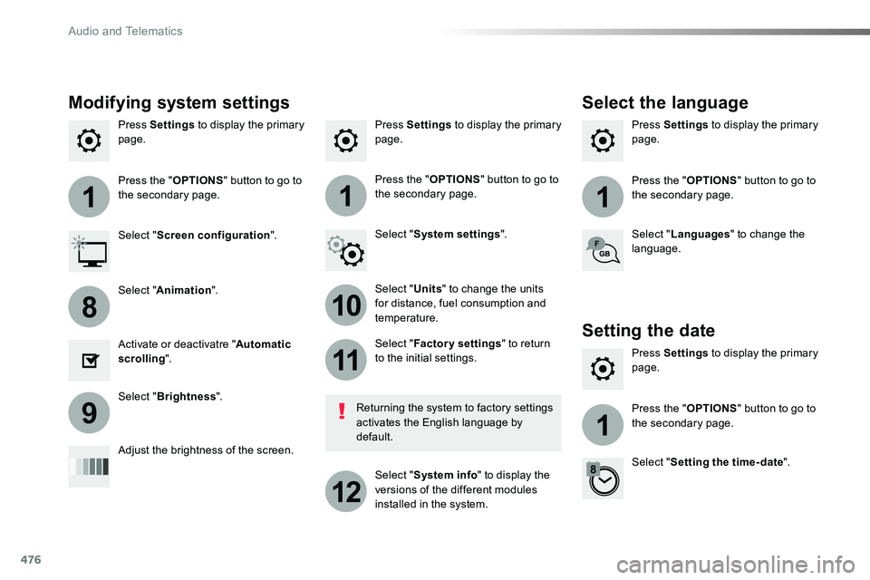 TOYOTA PROACE 2019 Owners Manual (in English) 476
111
10
11
12
8
91
Press Settings to display the primary page.Press Settings to display the primary page.Press Settings to display the primary page.
Press the "OPTIONS" button to go to the TOYOTA PROACE 2019 Owners Manual (in English) 476
111
10
11
12
8
91
Press Settings to display the primary page.Press Settings to display the primary page.Press Settings to display the primary page.
Press the "OPTIONS" button to go to the