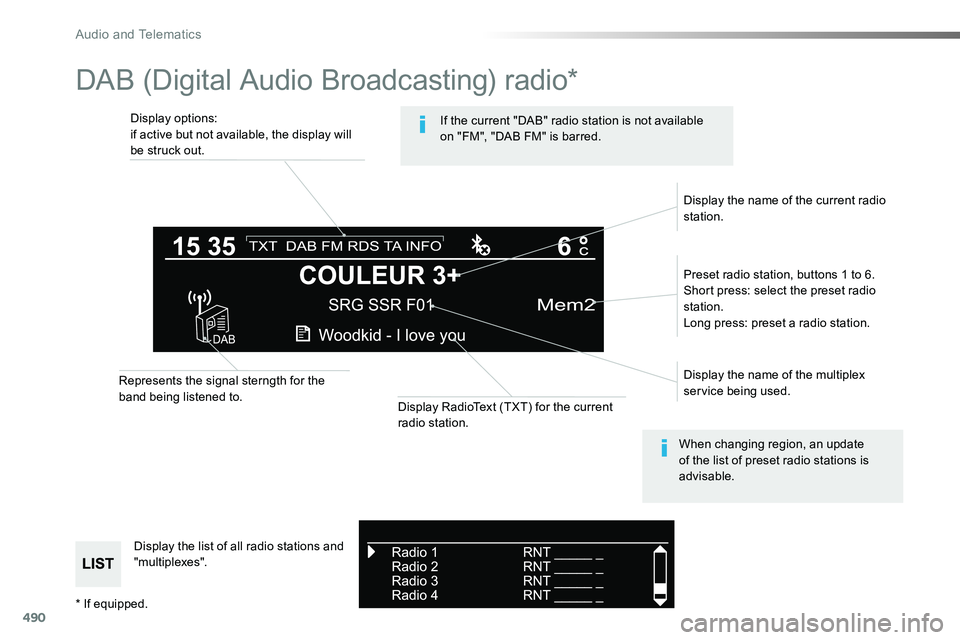 TOYOTA PROACE 2019 Owners Manual (in English) 490
DAB (Digital Audio Broadcasting) radio*
Display options:if active but not available, the display will be struck out.
Preset radio station, buttons 1 to 6.Short press: select the preset radio stati TOYOTA PROACE 2019 Owners Manual (in English) 490
DAB (Digital Audio Broadcasting) radio*
Display options:if active but not available, the display will be struck out.
Preset radio station, buttons 1 to 6.Short press: select the preset radio stati