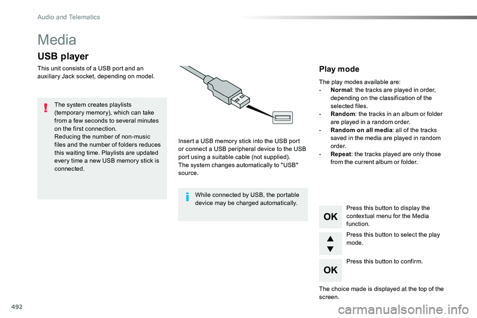 TOYOTA PROACE 2019 Owners Manual (in English) 492
Media
USB player
This unit consists of a USB port and an auxiliary Jack socket, depending on model.
Insert a USB memory stick into the USB port or connect a USB peripheral device to the USB port u TOYOTA PROACE 2019 Owners Manual (in English) 492
Media
USB player
This unit consists of a USB port and an auxiliary Jack socket, depending on model.
Insert a USB memory stick into the USB port or connect a USB peripheral device to the USB port u