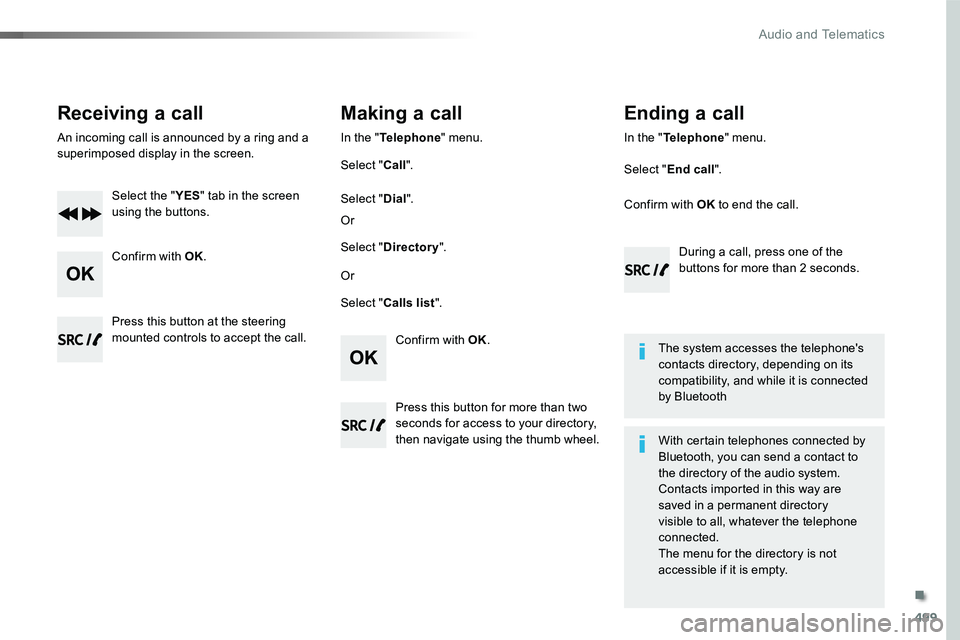 TOYOTA PROACE 2019 Owners Manual (in English) 499
Receiving a call
An incoming call is announced by a ring and a superimposed display in the screen.
Select the "YES" tab in the screen using the buttons.
Confirm with OK.
Confirm with OK.
P TOYOTA PROACE 2019 Owners Manual (in English) 499
Receiving a call
An incoming call is announced by a ring and a superimposed display in the screen.
Select the "YES" tab in the screen using the buttons.
Confirm with OK.
Confirm with OK.
P