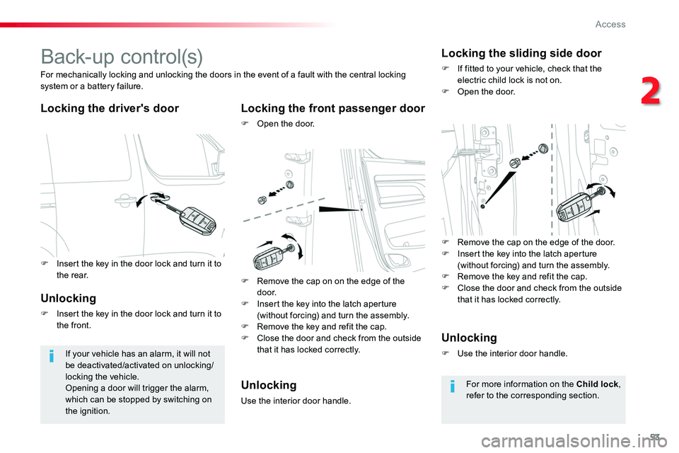 TOYOTA PROACE 2019   (in English) Workshop Manual 53
Back-up control(s)
Locking the driver's doorLocking the front passenger door
F Open the door.
For mechanically locking and unlocking the doors in the event of a fault with the central locking s